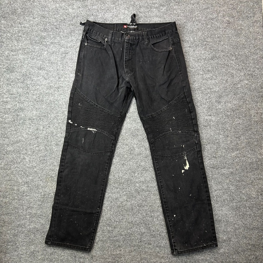 Southpole Biker Moto Jeans Men's Faded Black Denim Ribbed Knee Classic - 32X30